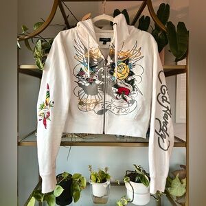 Ed Hardy Tattoo Graphic Zip-Up Hoodie in White XL